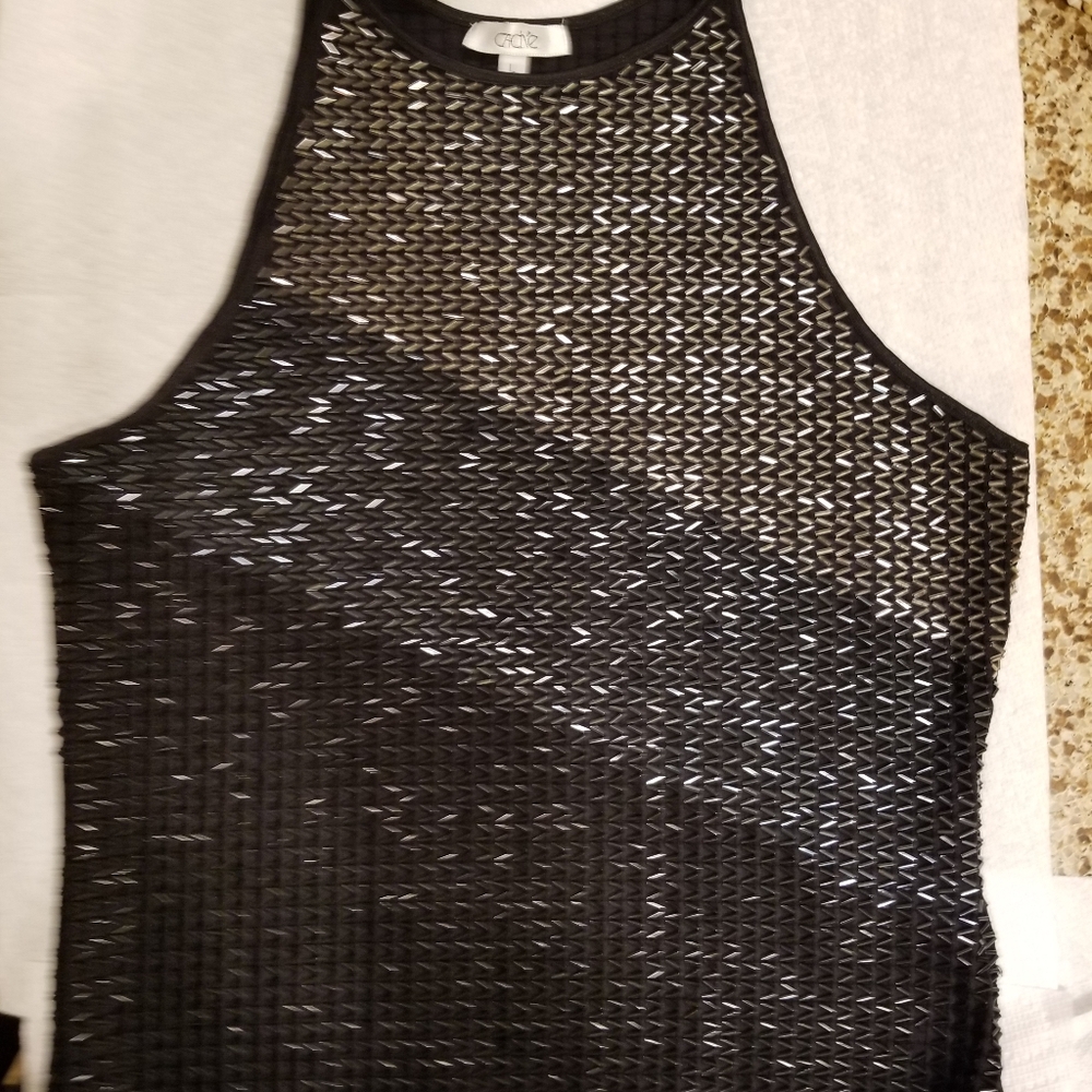 Chic Black/silver Sequin  Fitted Top By Cache